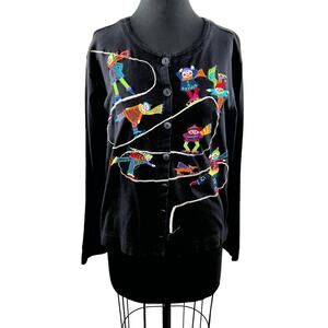 VINTAGE Christina Rotelli Black Cotton Embroidered Ice Skating Button Down Top